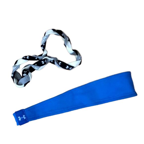 UNDER ARMOUR LOT OF 2 WOMENS' SPORT HEADBANDS BRAIDED BLUE BLACK AND WHITE - Picture 1 of 4